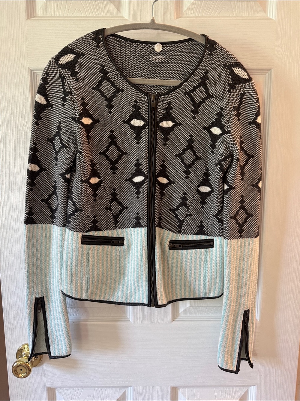 Gray and Light Blue PatternedZip-Front Women’s Sweater -Margaret O’Leary